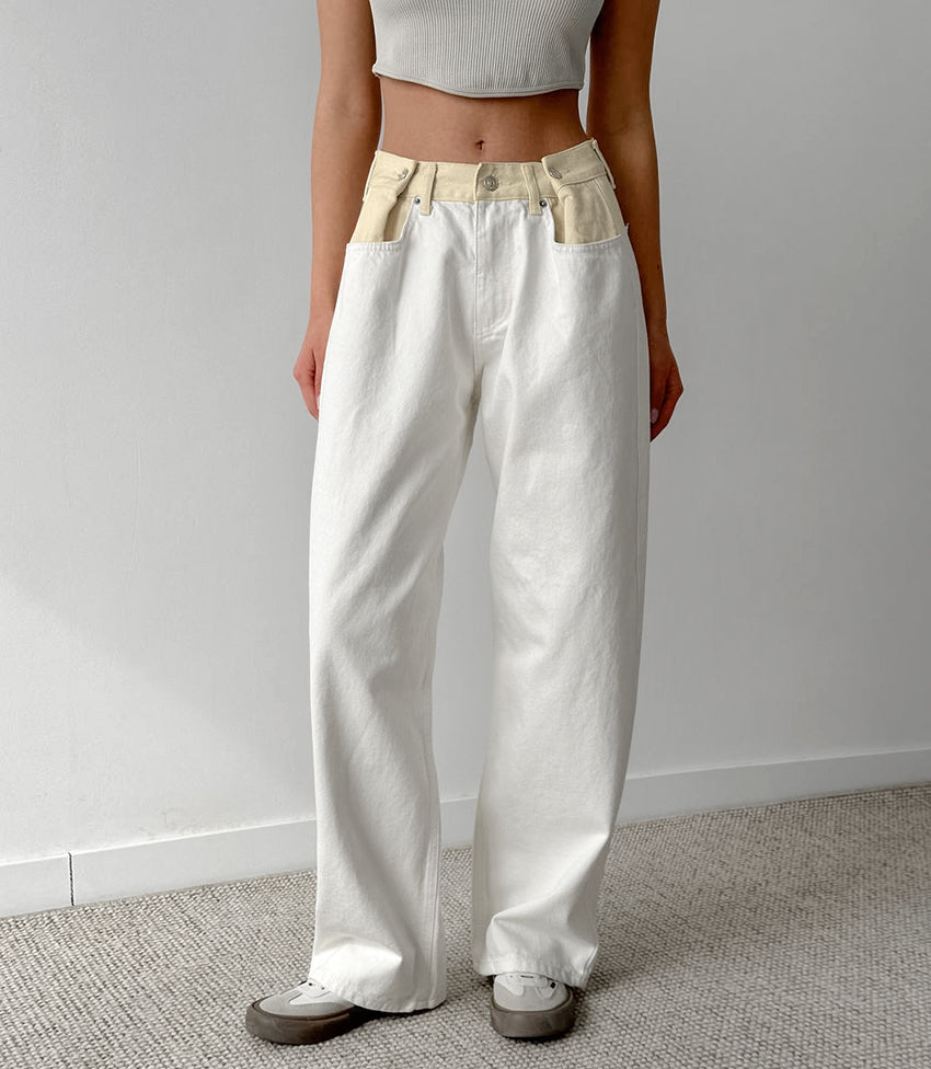 Yellow waisted white jeans