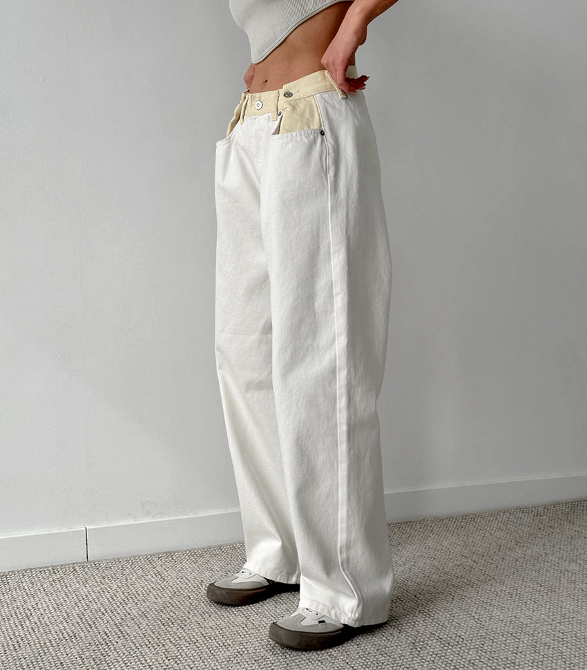 Yellow waisted white jeans