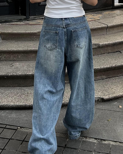 Vintaged wash wide jeans
