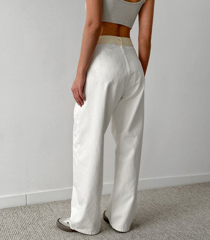 Yellow waisted white jeans