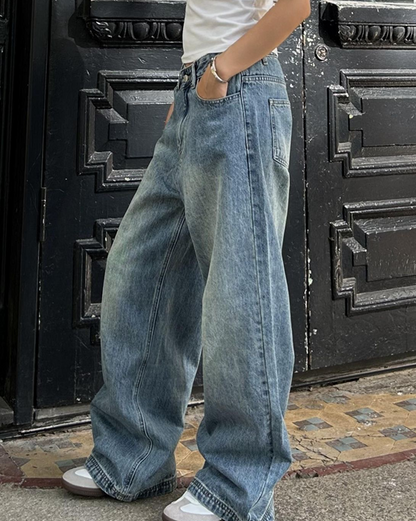 Vintaged wash wide jeans